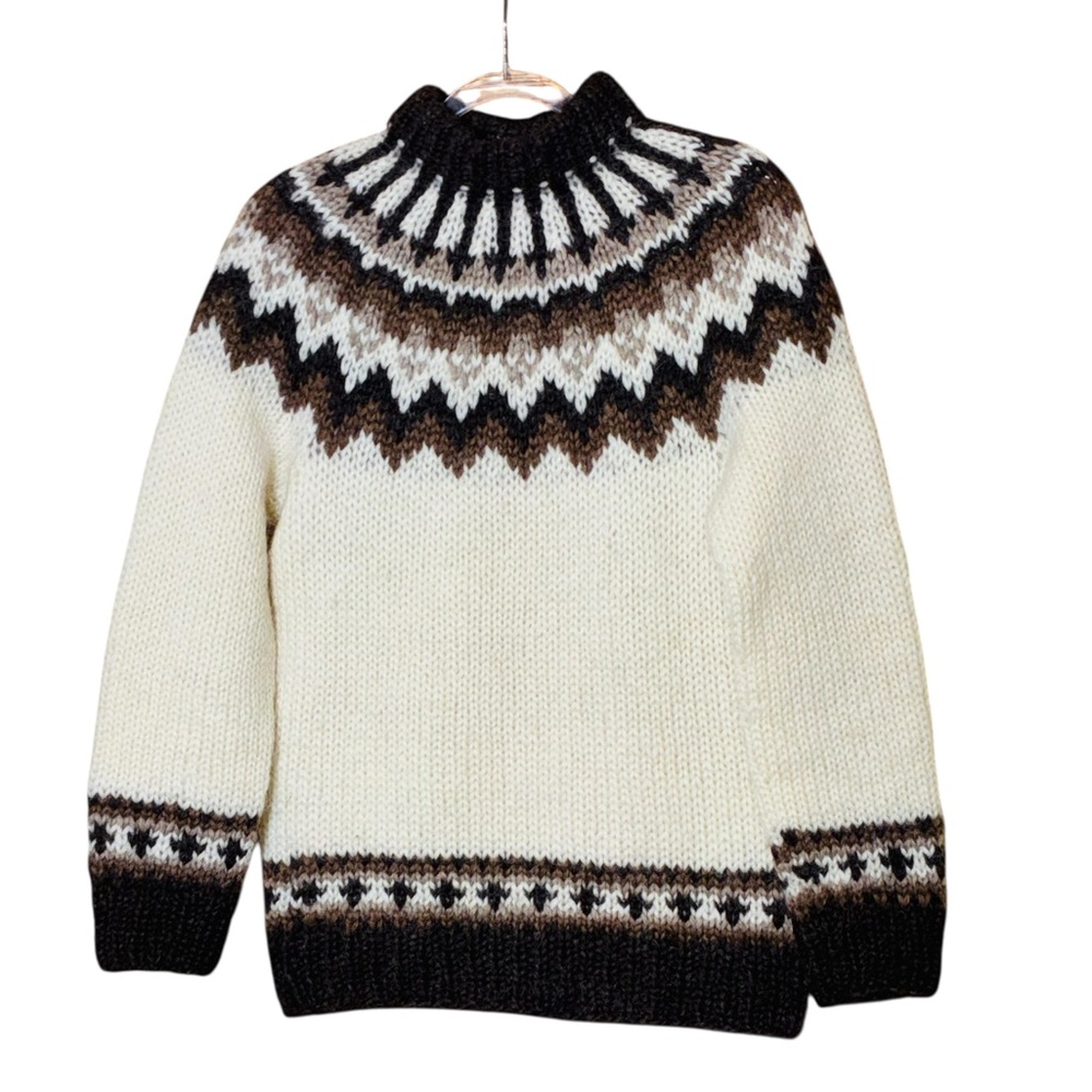 Icelandic Wool Sweater Hand Knit Cream Brown Pattern Vintage Bought in Iceland - Picture 2 of 2